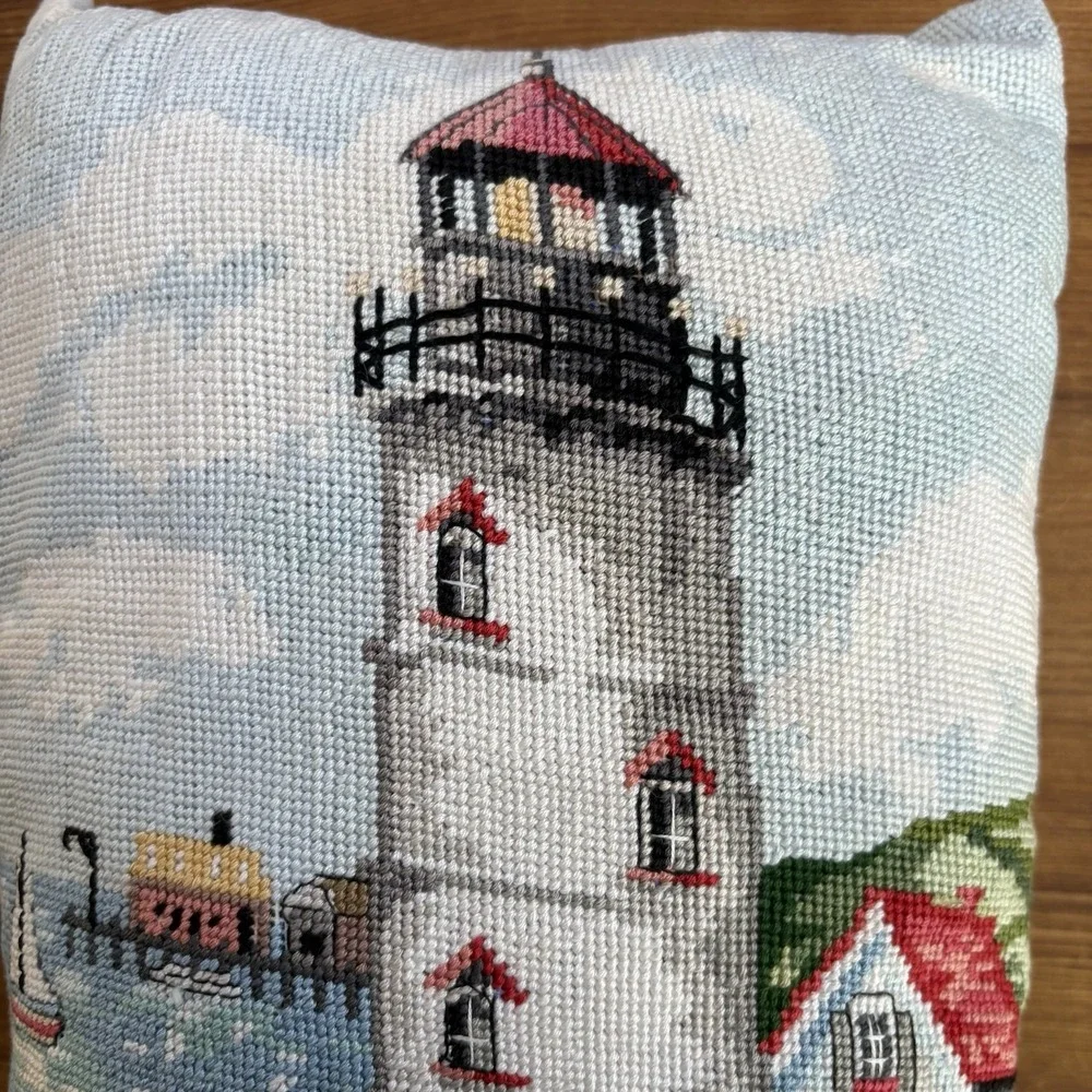 Lighthouse Needlepoint Throw Pillow Coastal Nautical Tapestry Decorative Cushion